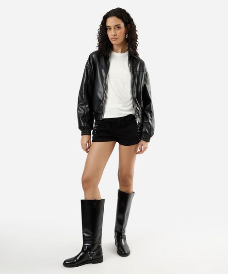 short feminino jeans com brilhos cintura média preto
