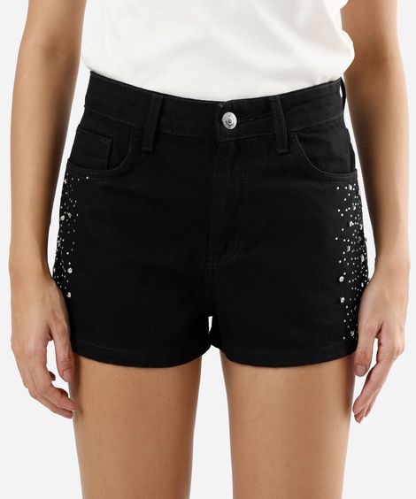 short feminino jeans com brilhos cintura média preto