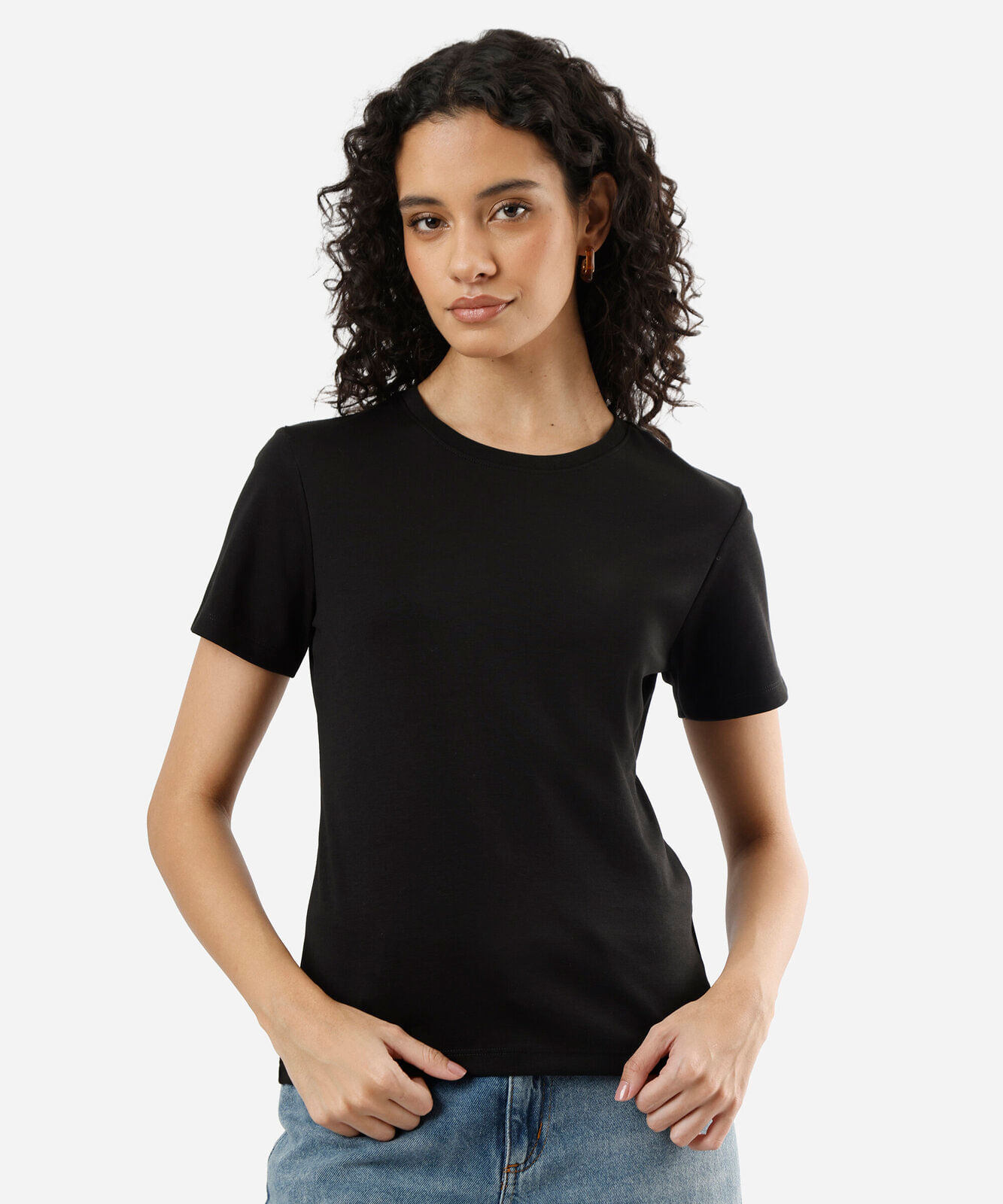 camiseta slim feminina de algodão peruano manga curta preta