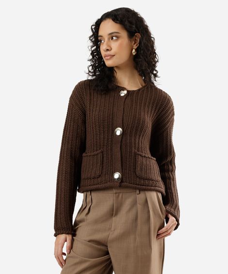 cardigan feminino de tricot com bolsos marrom
