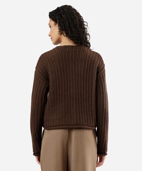 cardigan feminino de tricot com bolsos marrom