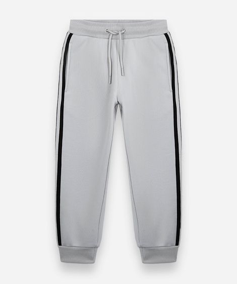 calça jogger infantil de moletom com listras laterais cinza
