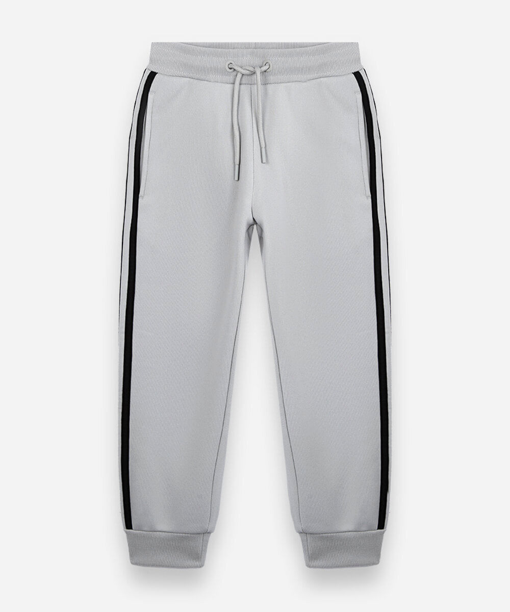 calça jogger infantil de moletom com listras laterais cinza