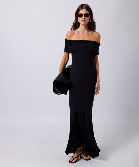 vestido midi feminino ombro a ombro a franzido mindset preto