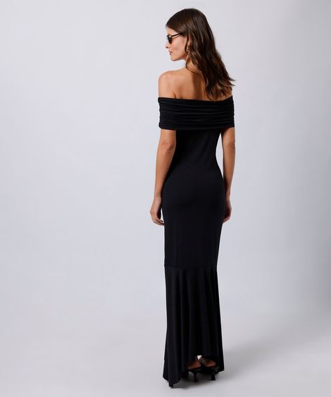 vestido midi feminino ombro a ombro a franzido mindset preto