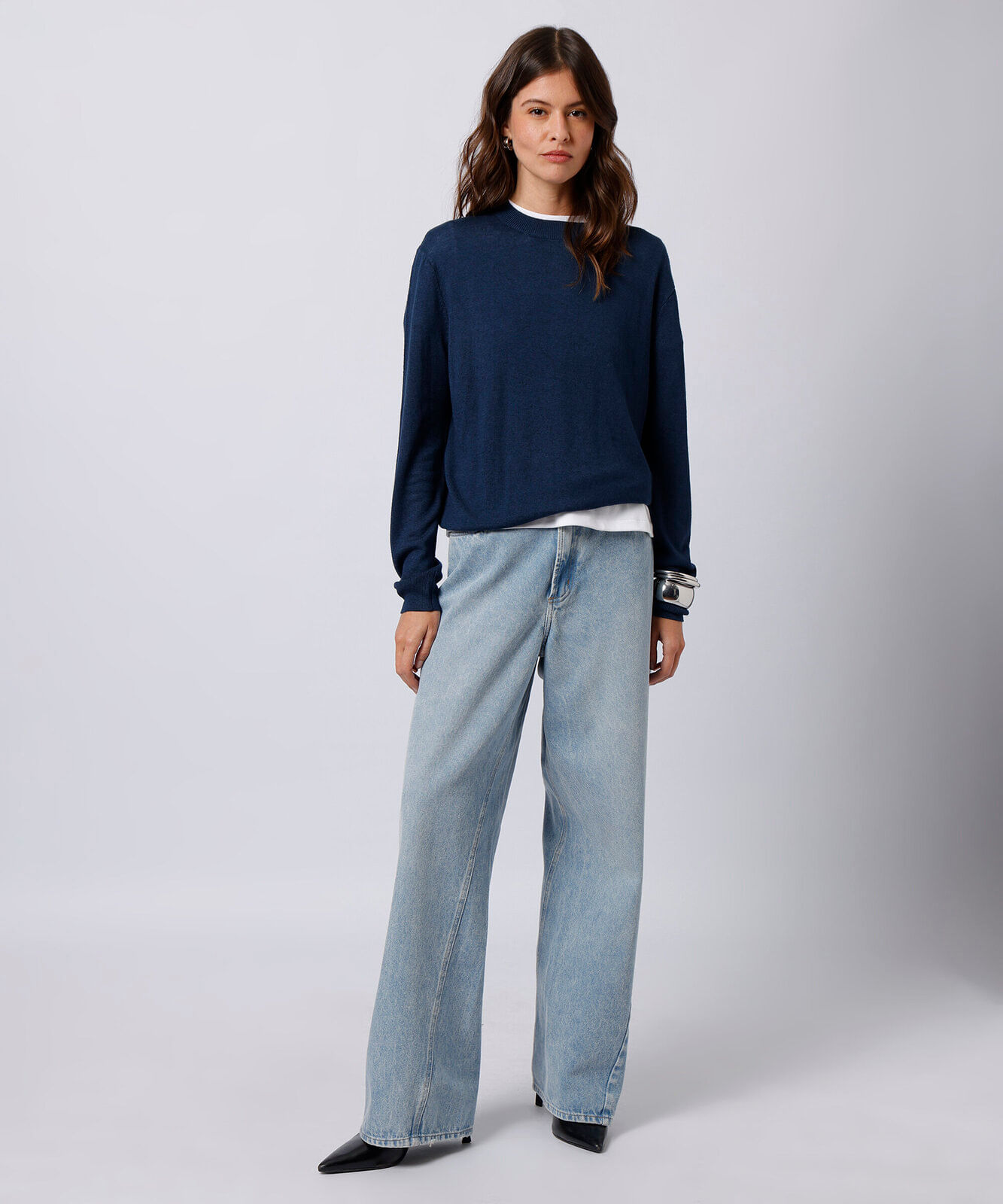 suéter feminino de tricot com lã mindset azul