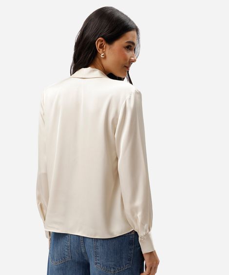blusa feminina gola alta com amarração franzida bege