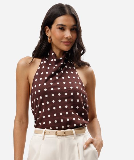 blusa frente única feminina com viscose poá marrom