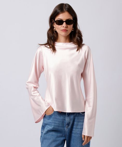 blusa feminina manga longa acetinada mindset rosa