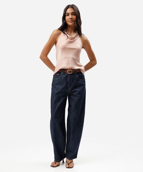calça barrel feminina jeans cintura média azul