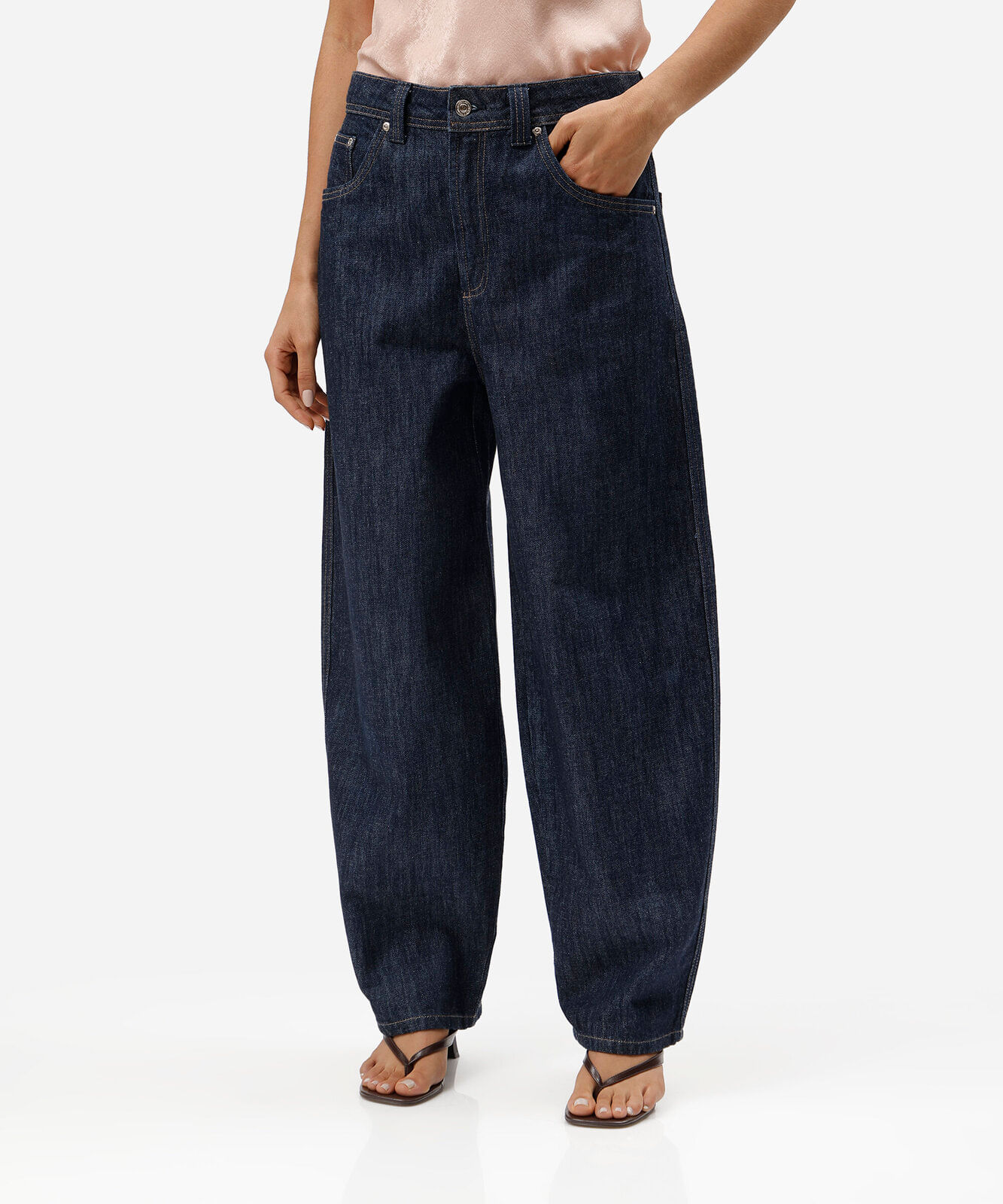calça barrel feminina jeans cintura média azul