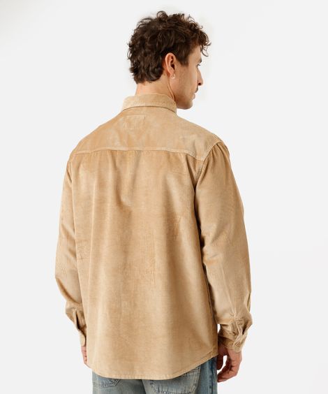 camisa overshirt masculina de veludo cotelê com bolsos bege