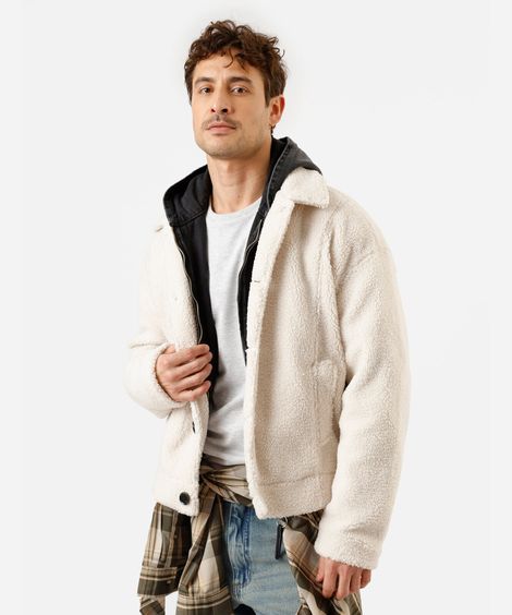 jaqueta masculina de sherpa com bolsos off white