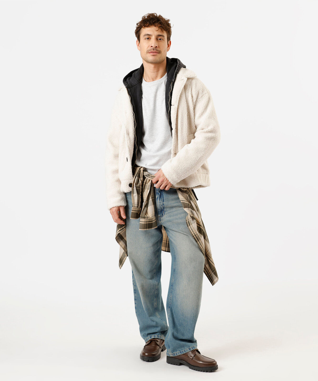 jaqueta masculina de sherpa com bolsos off white