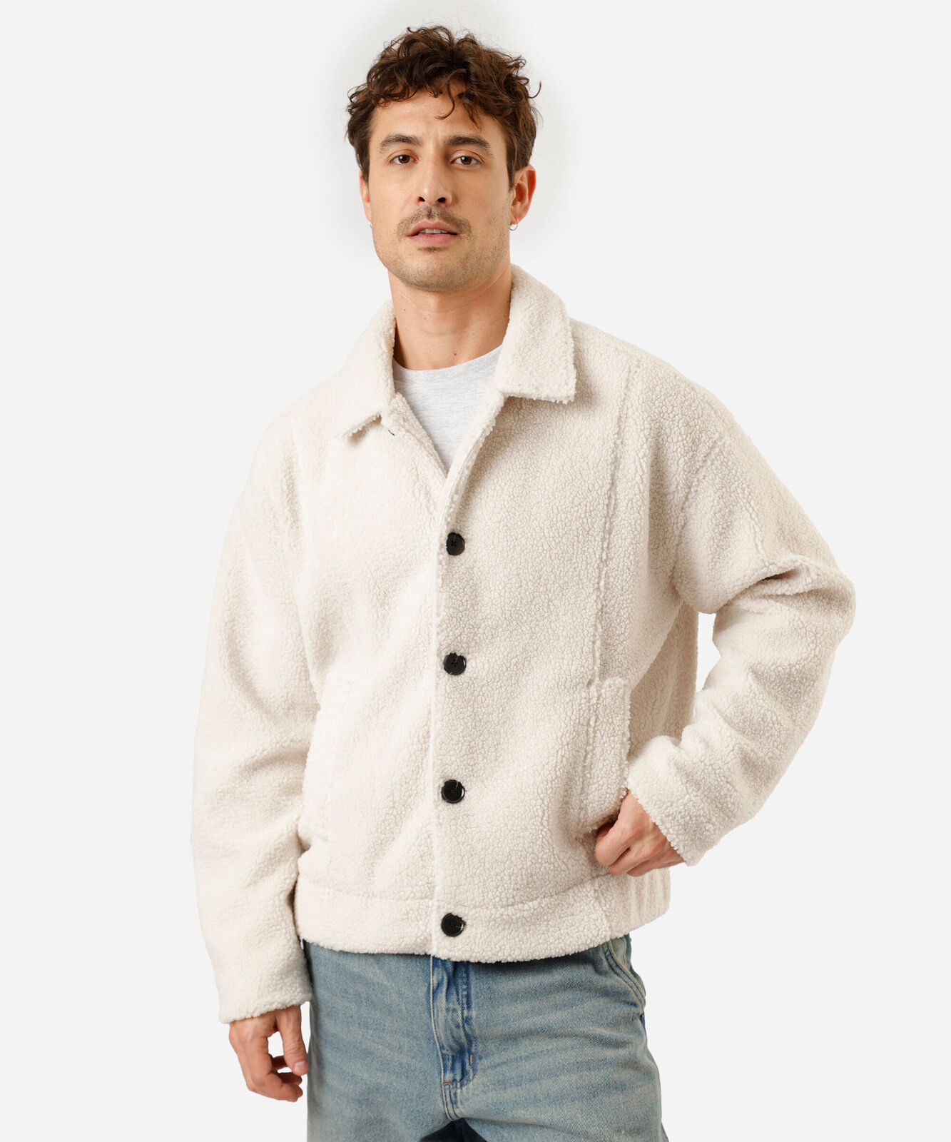jaqueta masculina de sherpa com bolsos off white