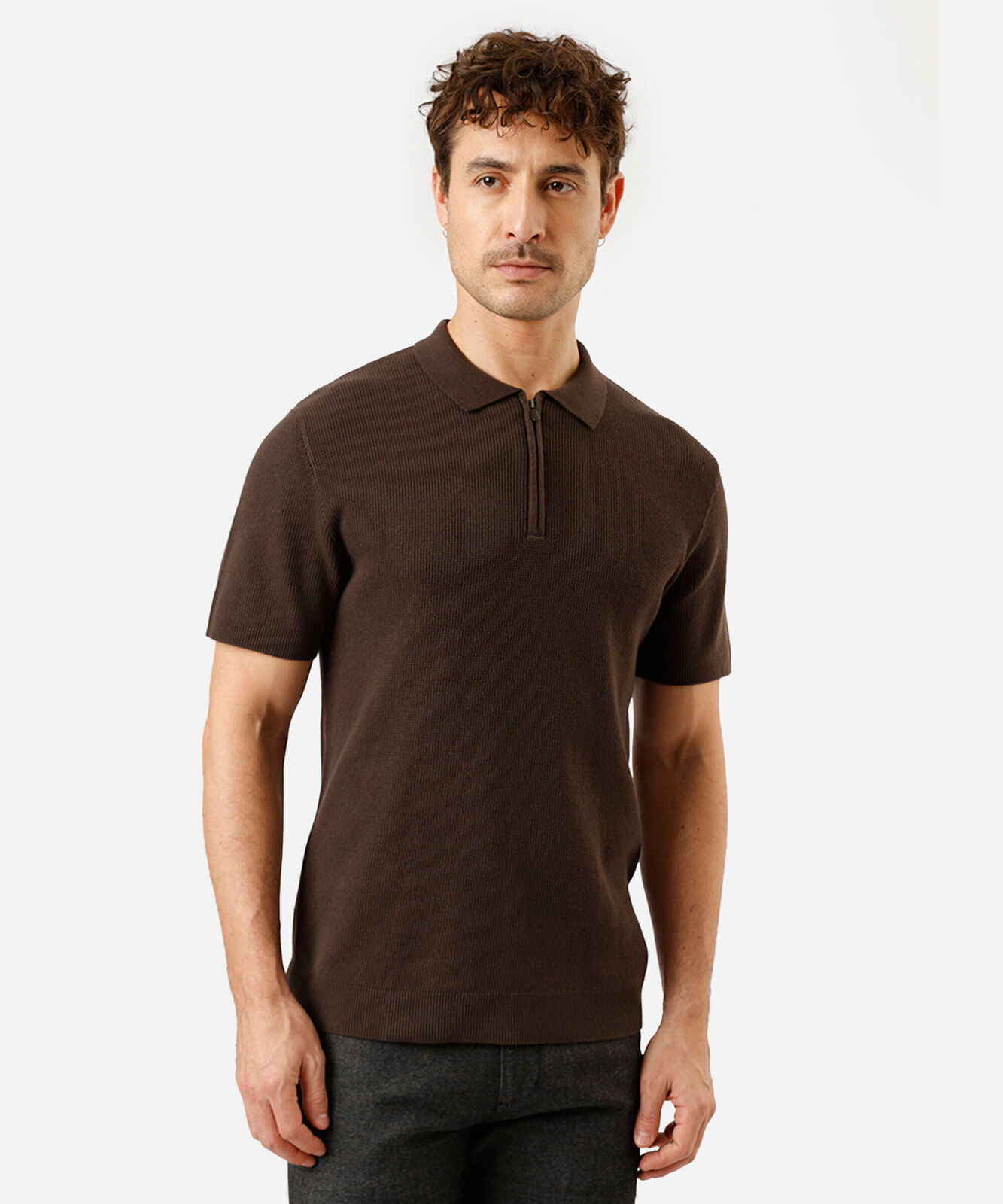 polo masculina de algodão manga curta texturizada marrom