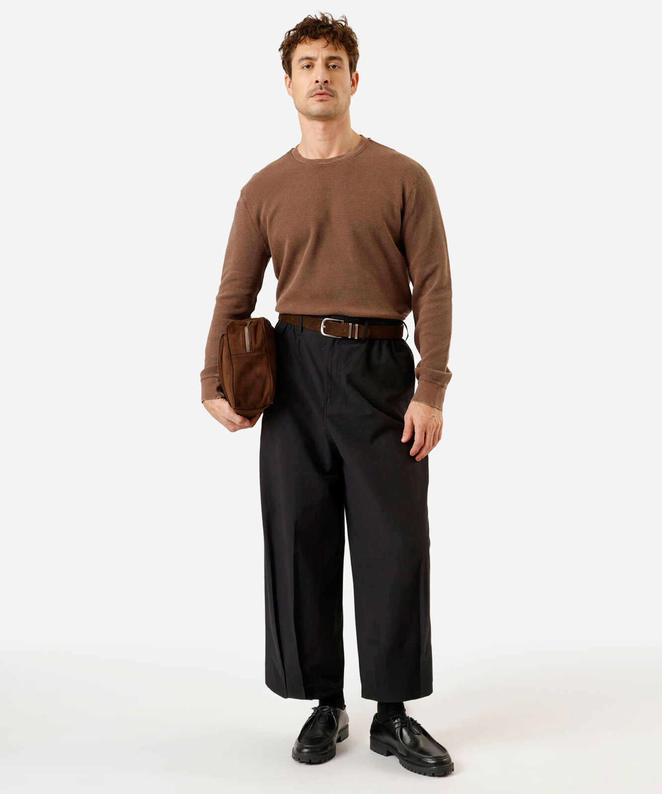 camiseta masculina de algodão manga longa texturizada estonada marrom