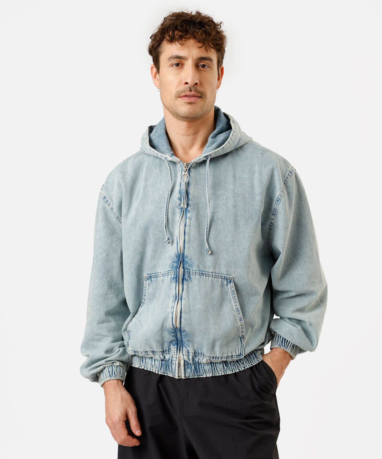 jaqueta bomber masculina jeans com capuz azul