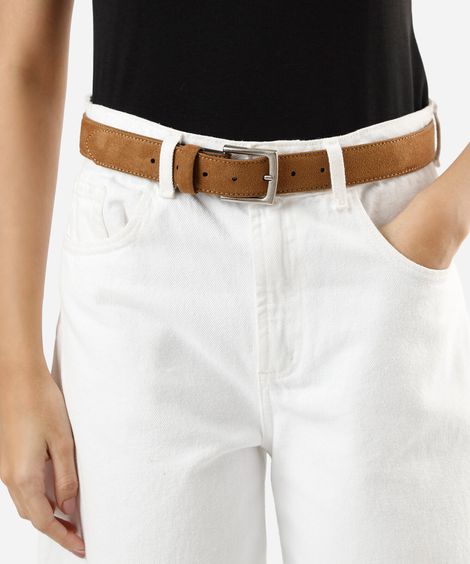 cinto de suede com fivela quadrada bege