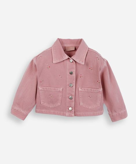 jaqueta infantil de sarja com bordado floral rosa