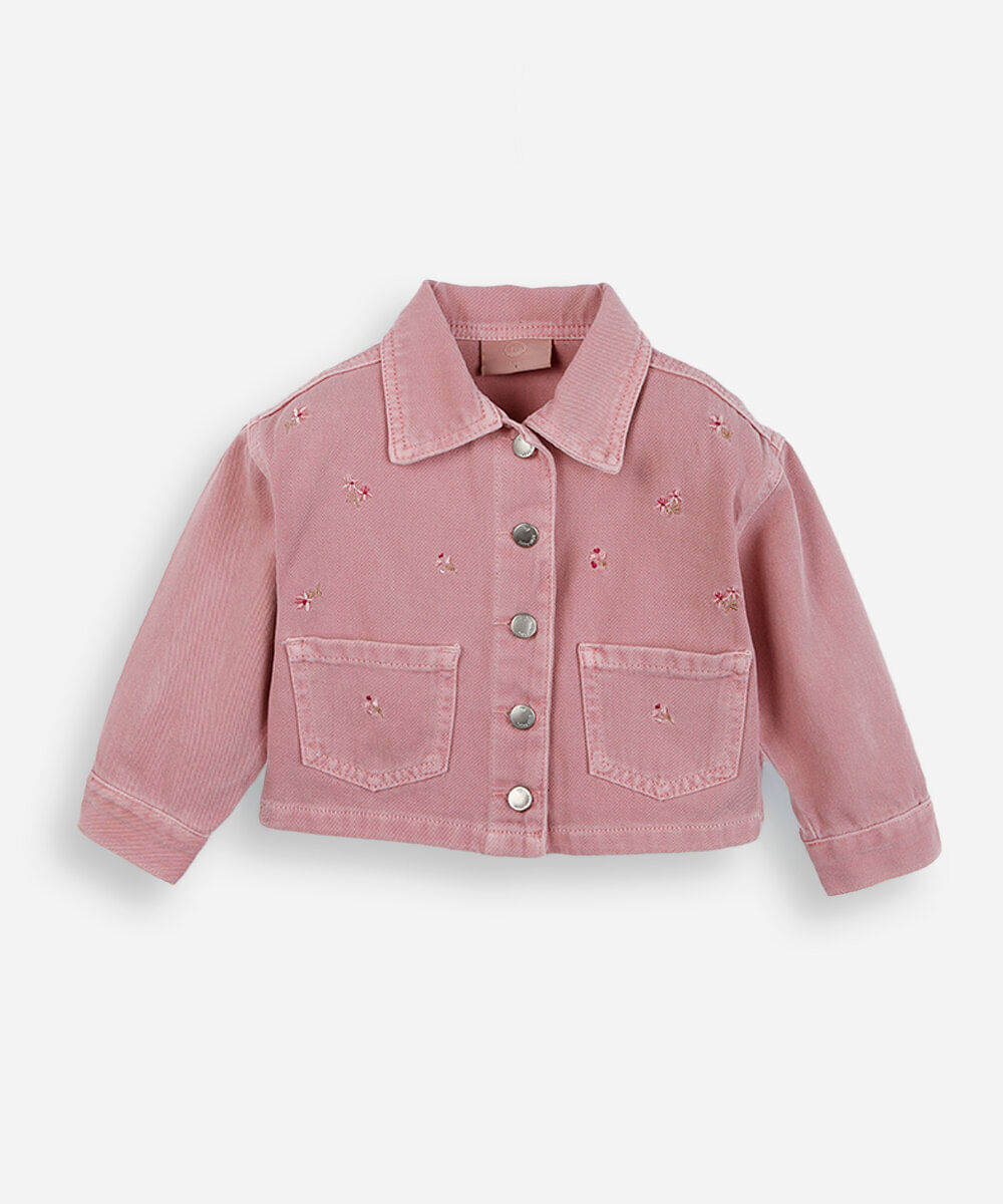 jaqueta infantil de sarja com bordado floral rosa