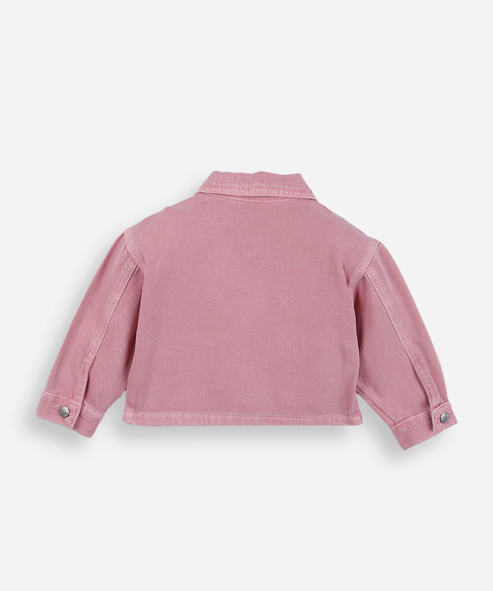 jaqueta infantil de sarja com bordado floral rosa