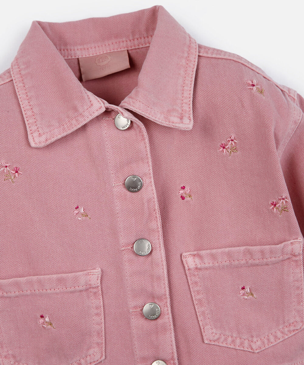 jaqueta infantil de sarja com bordado floral rosa