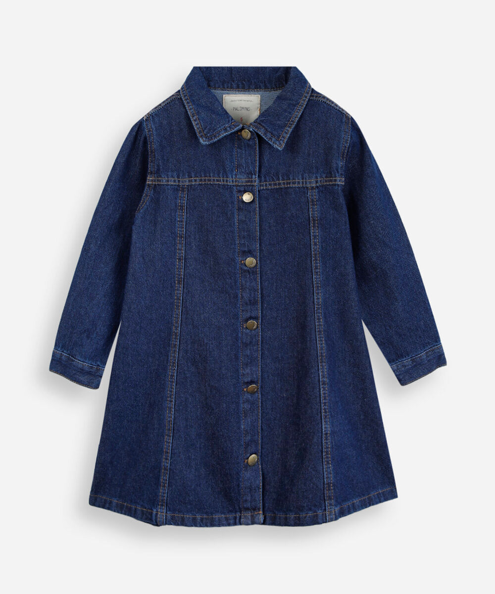 vestido chemise infantil jeans manga longa azul