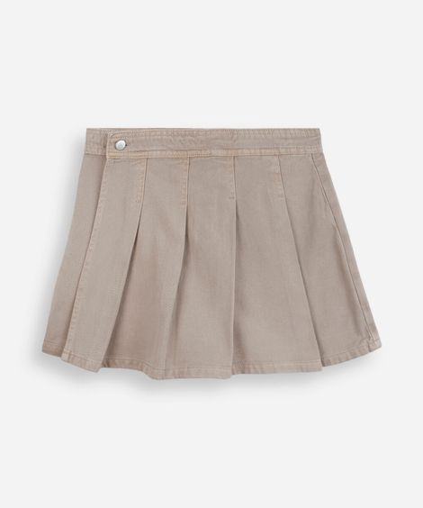 short saia juvenil de sarja com pregas bege