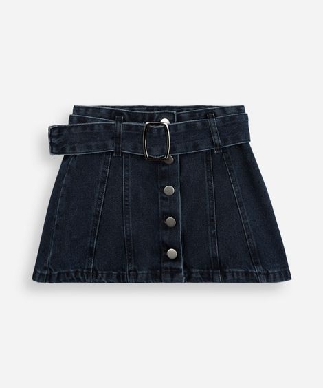 saia curta infantil jeans com recortes e cinto azul