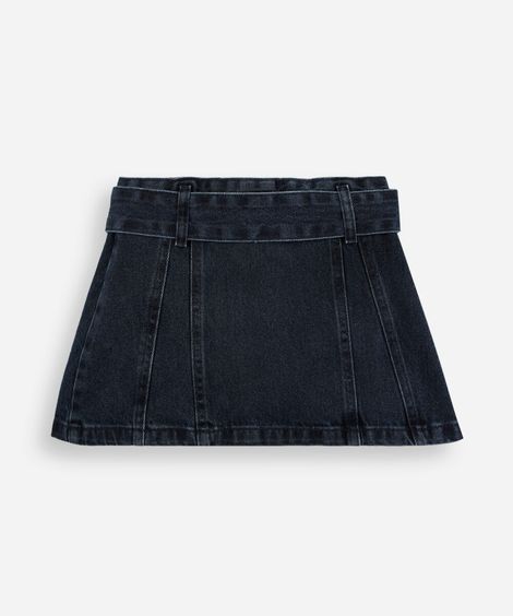 saia curta infantil jeans com recortes e cinto azul