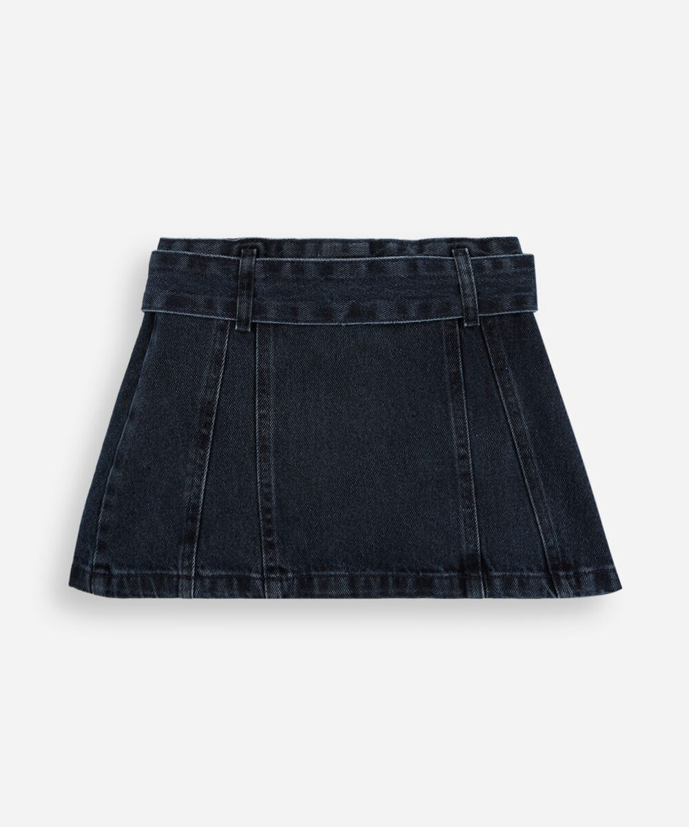 saia curta infantil jeans com recortes e cinto azul