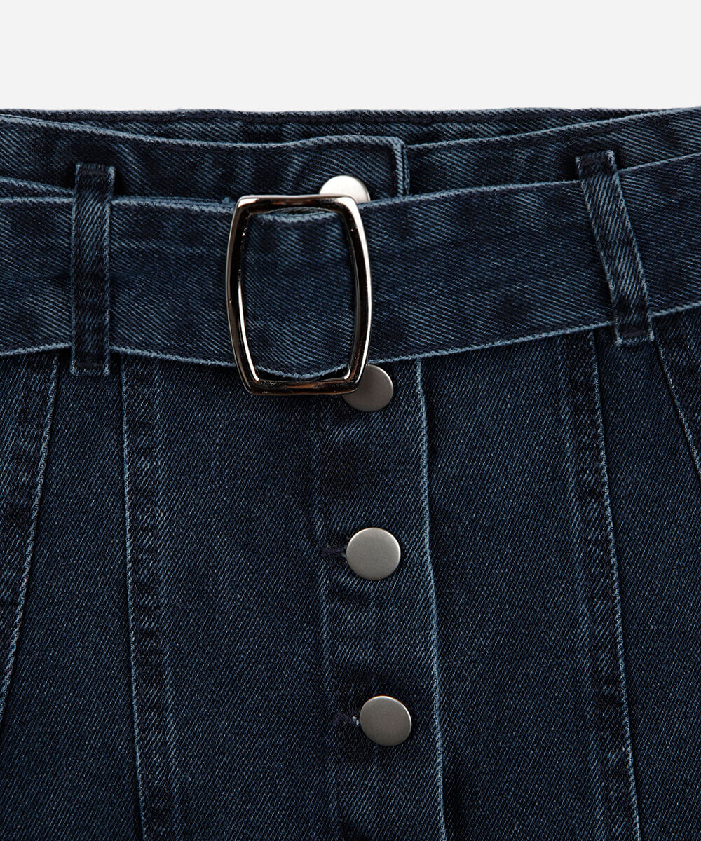 saia curta infantil jeans com recortes e cinto azul