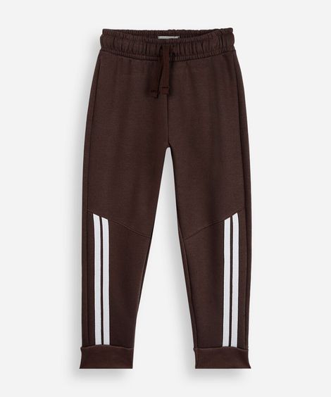 calça jogger infantil de moletom com recortes e listras marrom