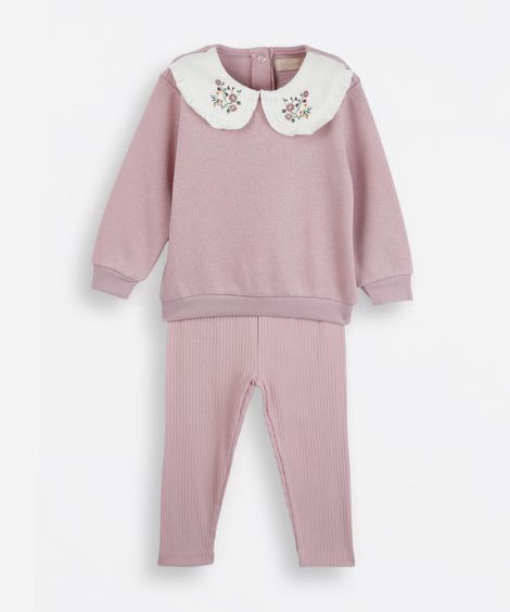 conjunto longo infantil com bordado floral rosa