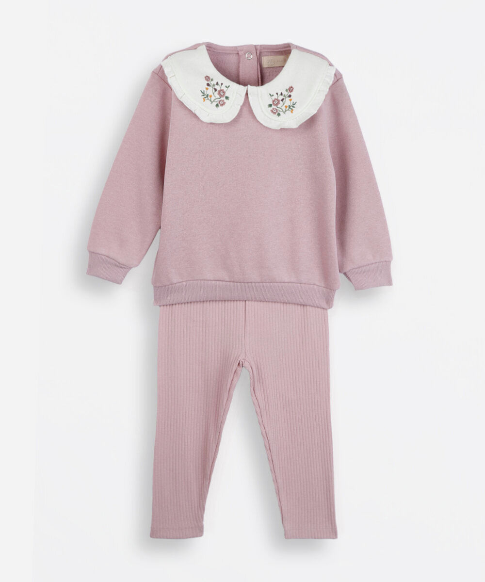 conjunto longo infantil com bordado floral rosa