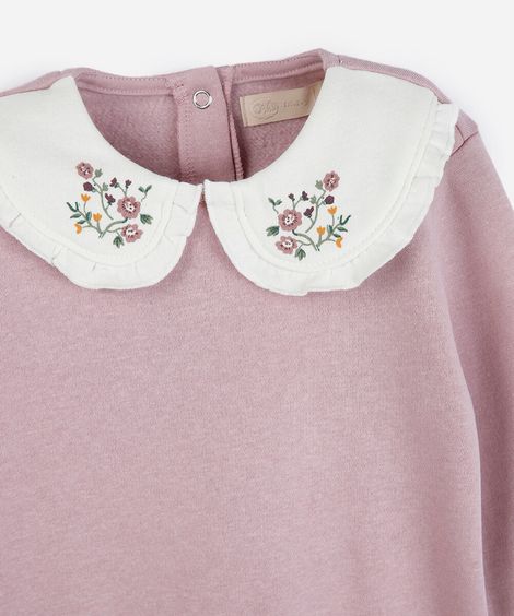 conjunto longo infantil com bordado floral rosa