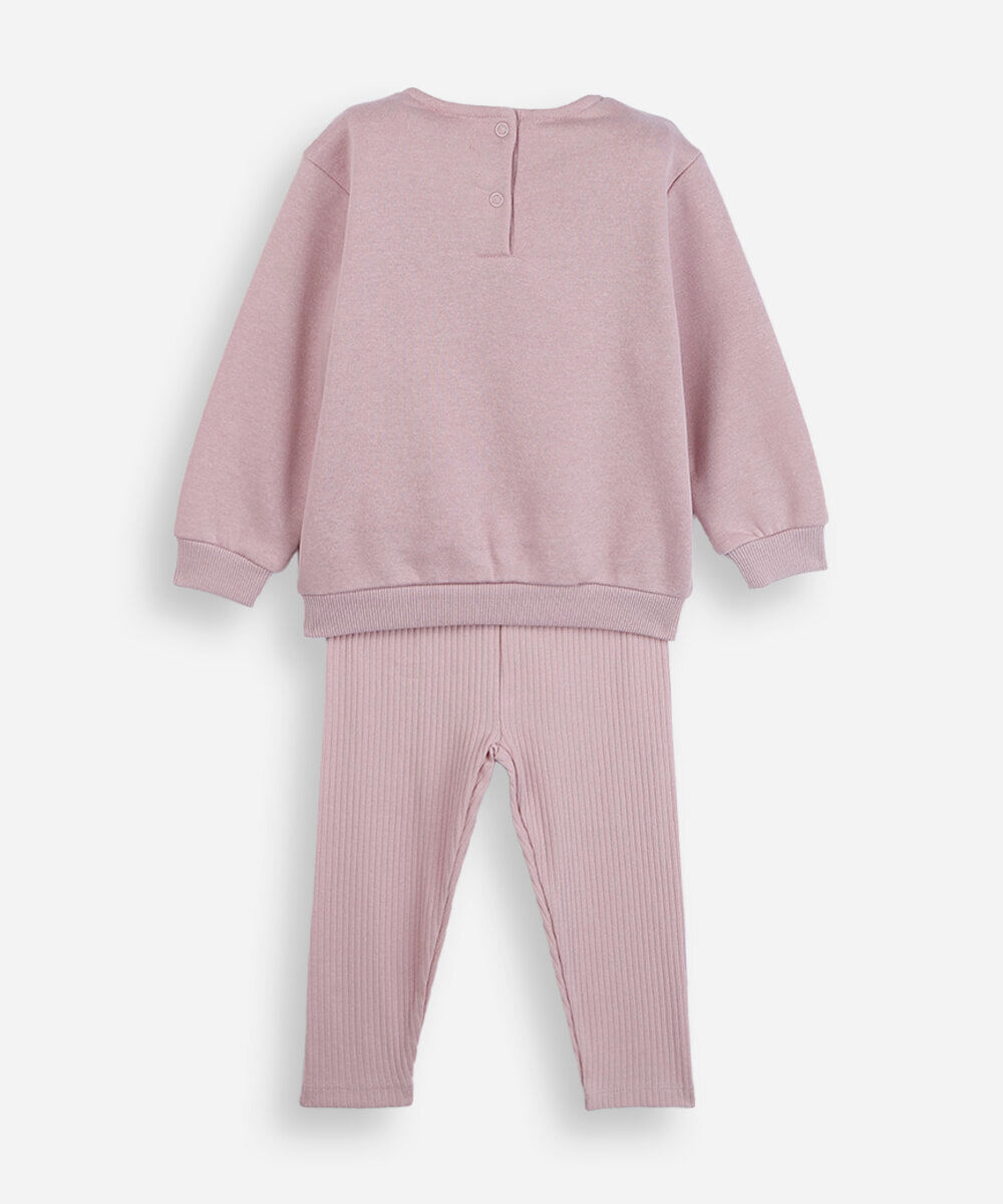 conjunto longo infantil com bordado floral rosa