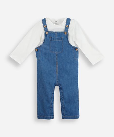 jardineira infantil jeans com camiseta azul