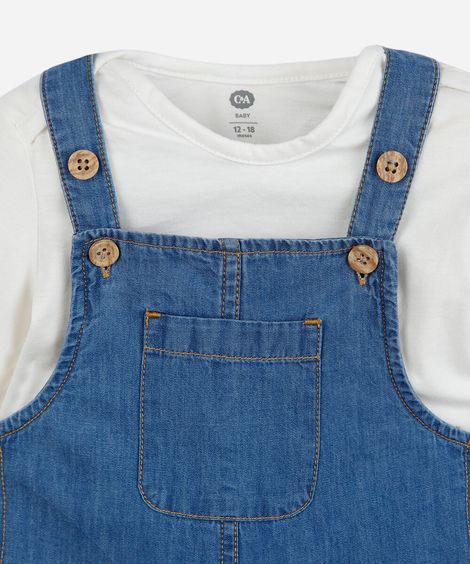 jardineira infantil jeans com camiseta azul