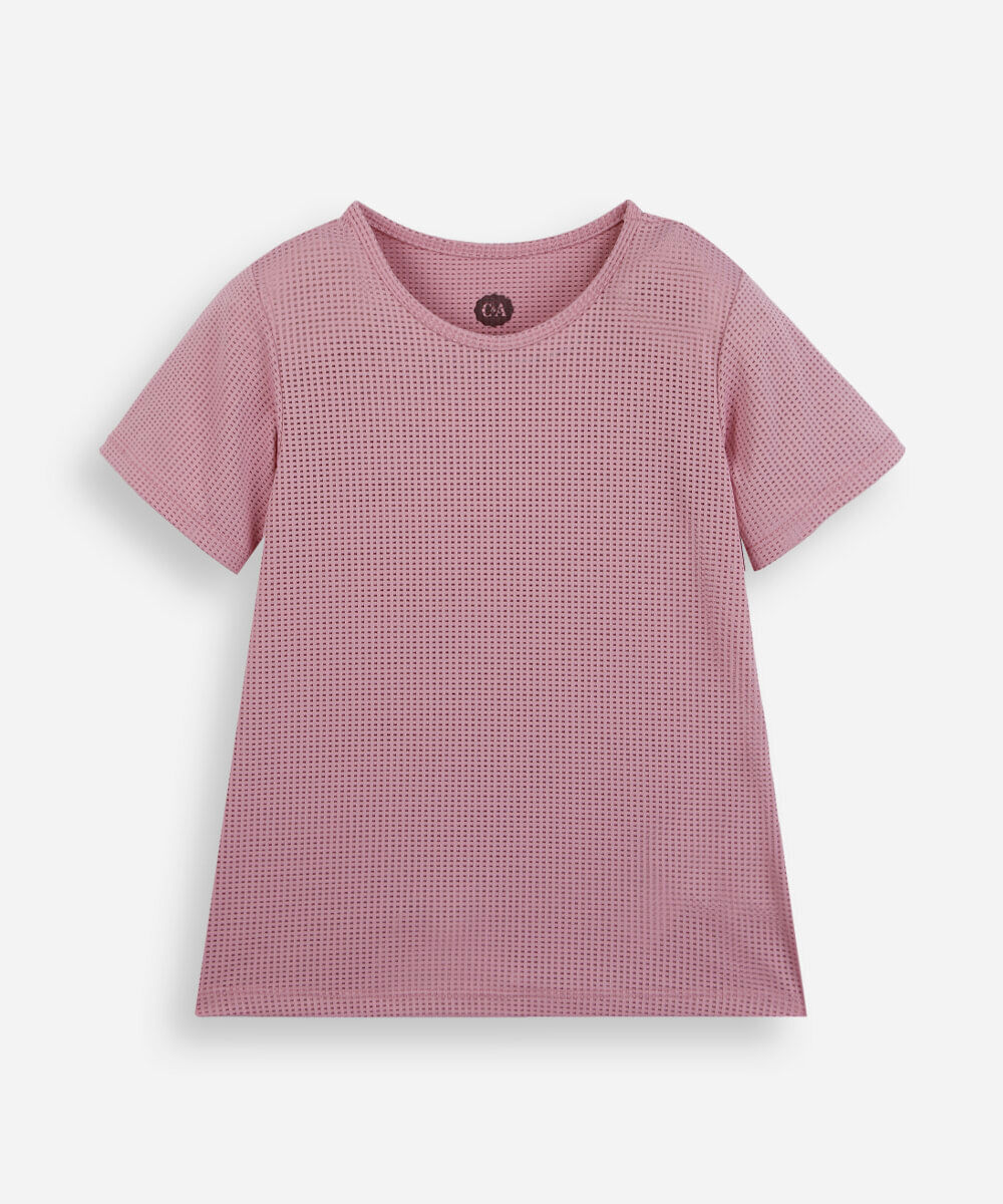 camiseta esportiva infantil manga curta com fenda rosa