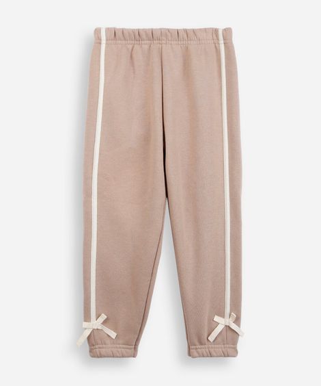 calça jogger infantil de moletom com laços bege