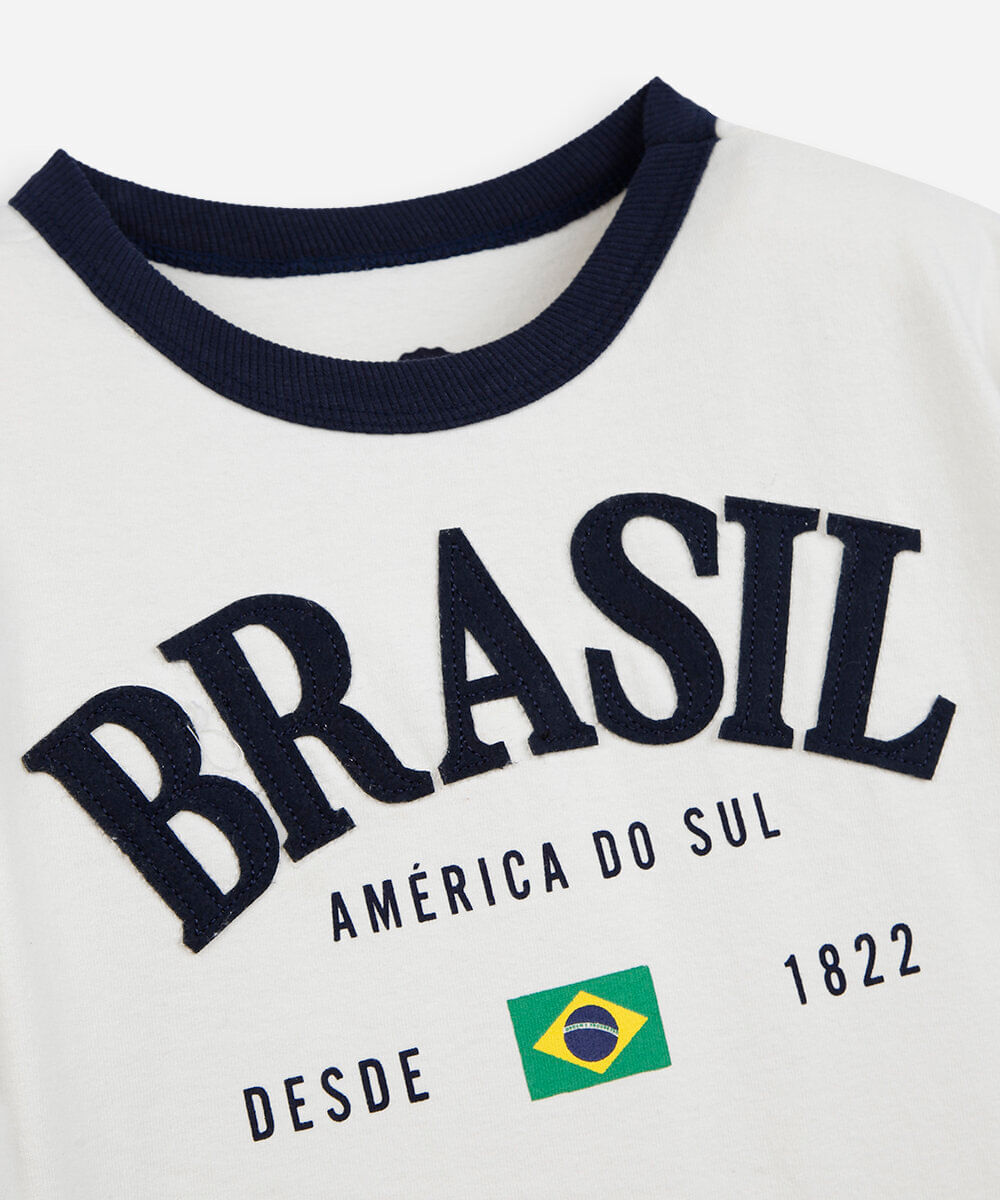 camiseta infantil de algodão manga curta brasil off white