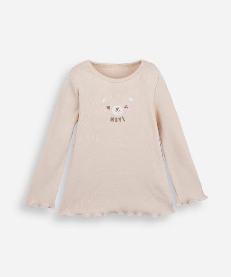 blusa infantil de algodão manga longa com bordado bege