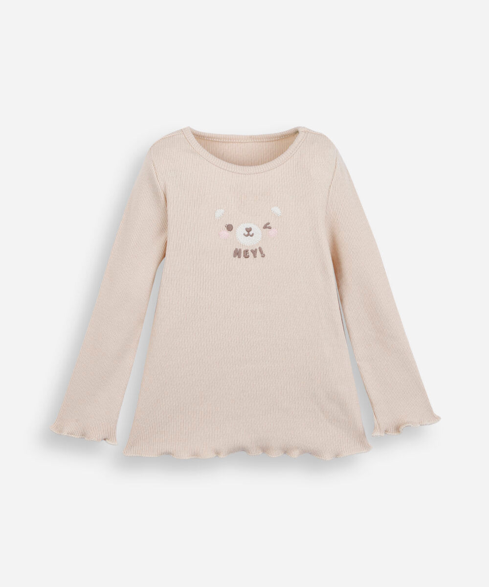 blusa infantil de algodão manga longa com bordado bege