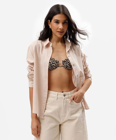 camisa feminina de algodão manga longa bege