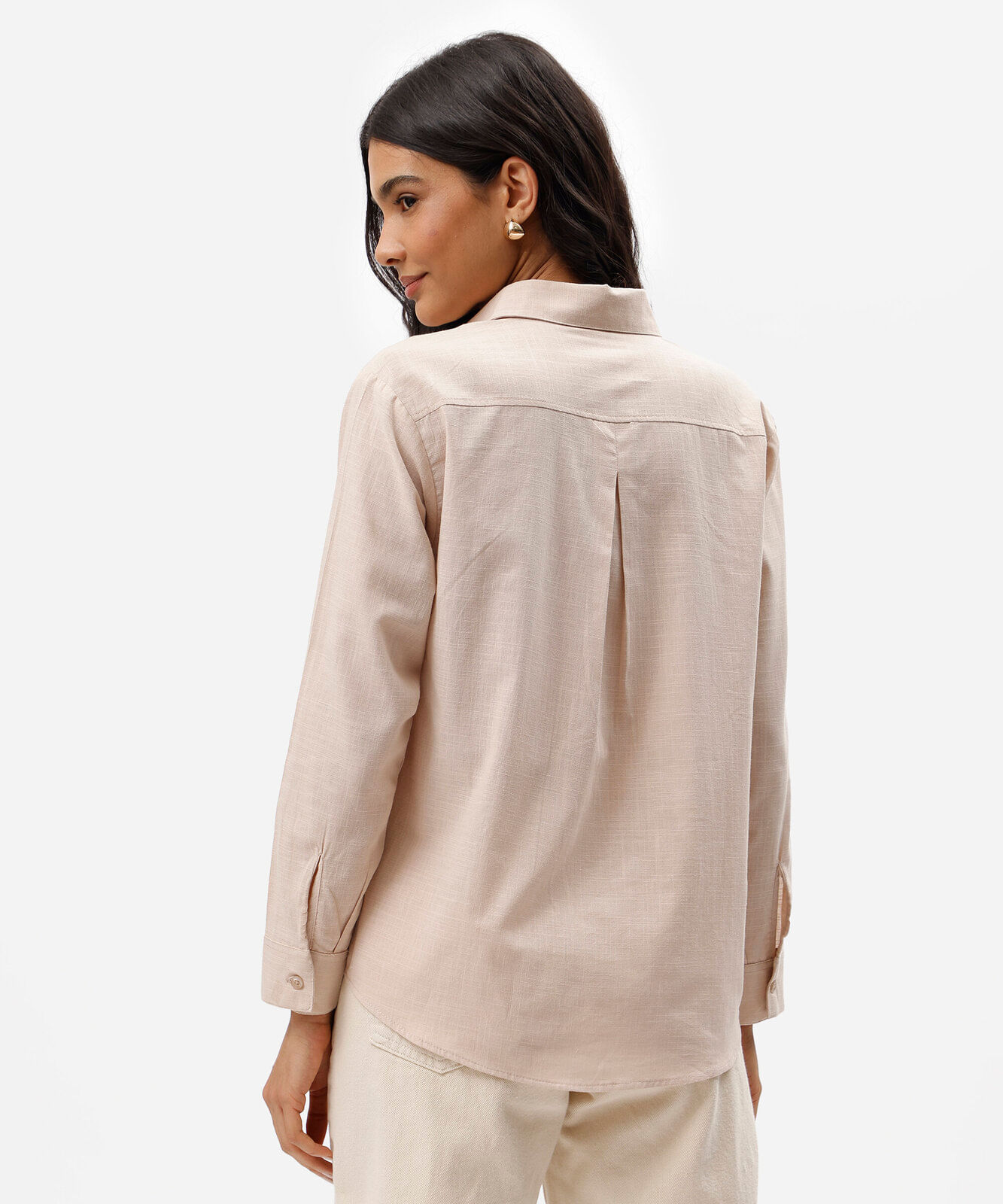 camisa feminina de algodão manga longa bege