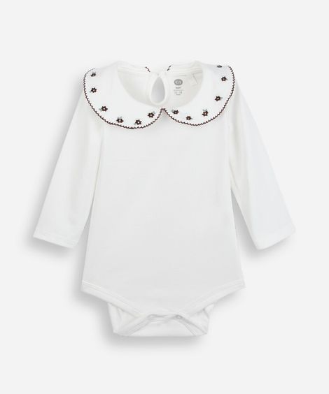 body infantil com algodão gola peter pan bordada off white