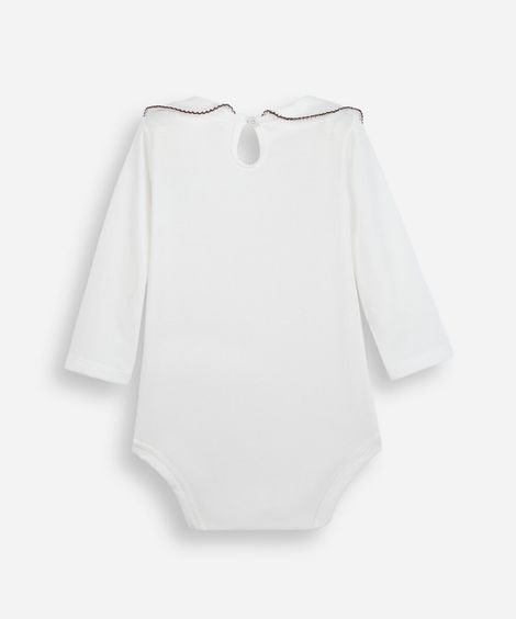 body infantil com algodão gola peter pan bordada off white