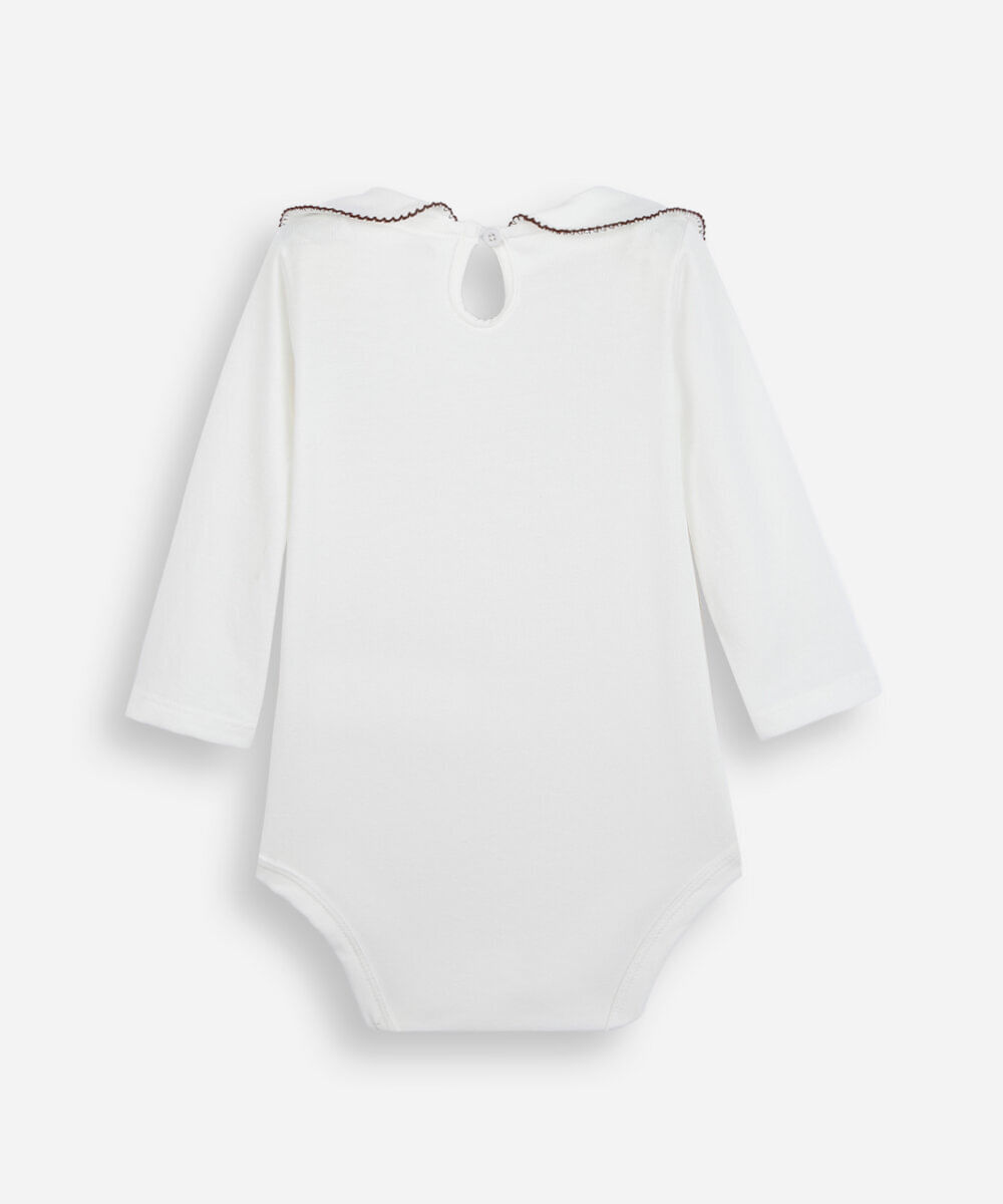body infantil com algodão gola peter pan bordada off white